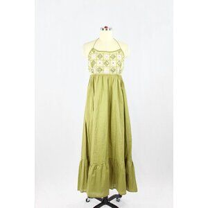 NWT ZARA Olive Green Beaded Cotton Crochet Halter Maxi Dress, Size L
